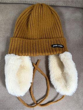 Petit Main Kids' Brown Knit Earflap Beanie with Faux Fur Earmuffs
